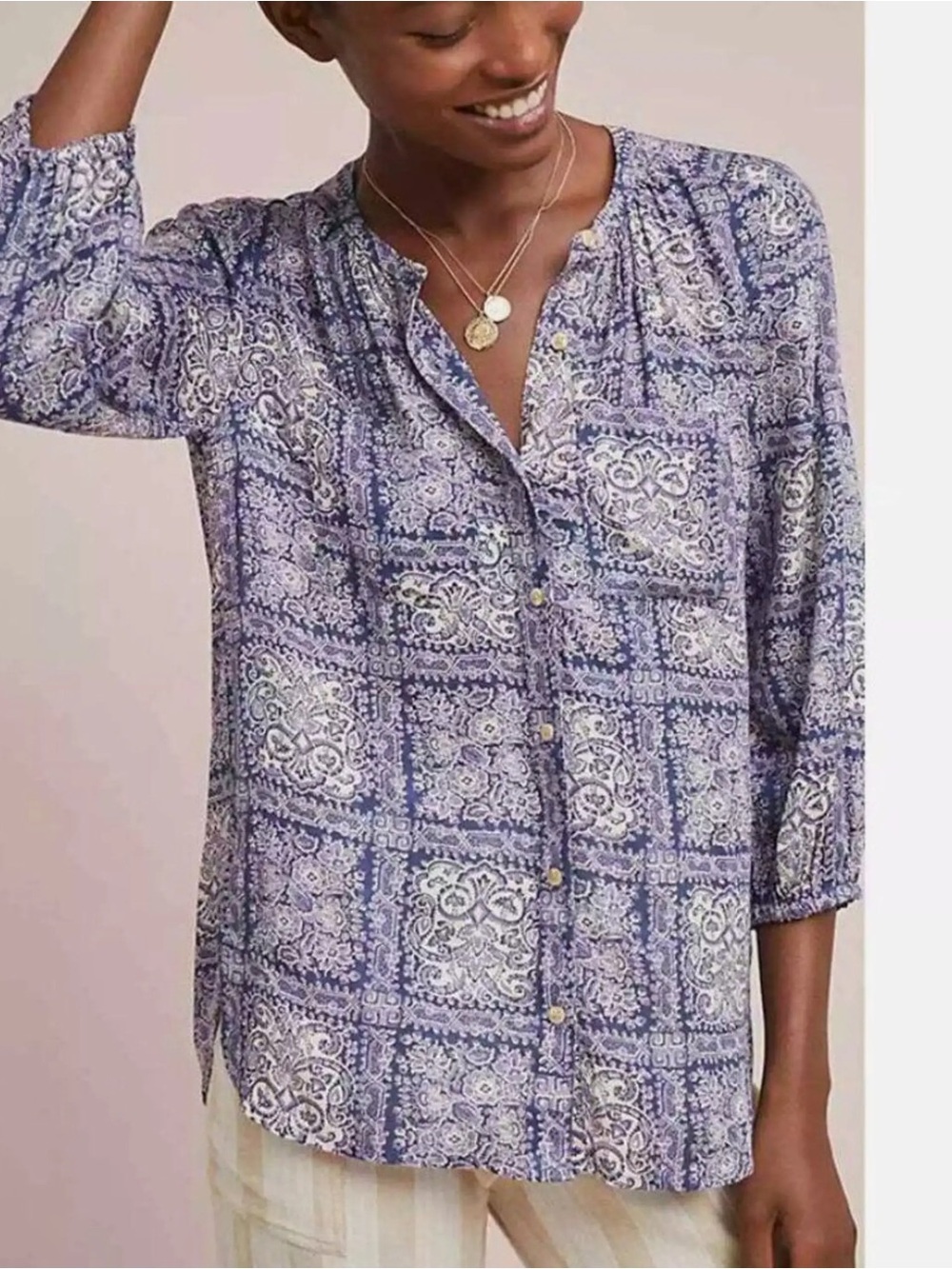 Anthropologie Lavender Paisley Tile Button-Front Blouse size L like new